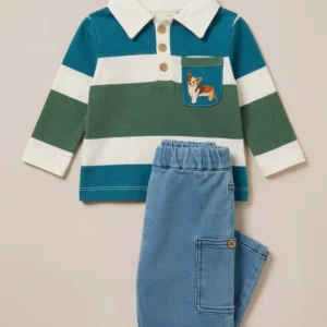 Baby Boys' Nautical Striped Polo and Denim Set – Long-Sleeve Corgi Pocket Outfit
