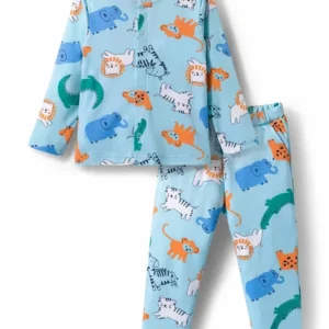 Boys' Premium Soft Cotton Animal Print Nightwear Set – Playful Sky Blue Pajama Set