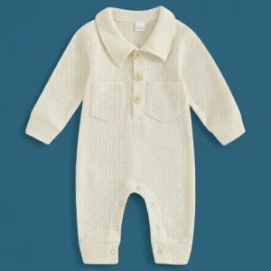 Baby Boy’s Premium Ribbed Knit Polo Romper – Cozy Cream Winter Jumpsuit