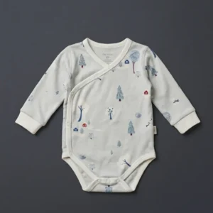 Newborn Baby Girl's Premium Kimono Bodysuit – Soft Sage "Winter Forest" Print