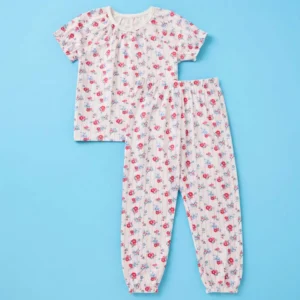 Girls' Premium Cotton Floral Nightwear Set – Soft Pink Short-Sleeve Pajama Suit
