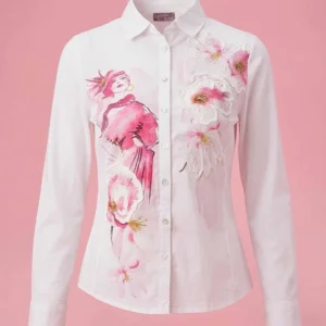 Women’s Artistic Floral Embroidered Button-Down Shirt – Premium White Cotton Blouse