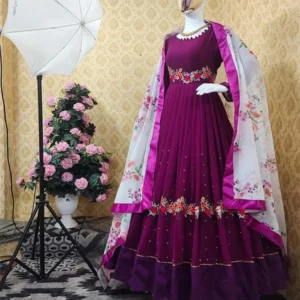 Premium Ready-Made Indian Weightless Georgette Embroidered Party Gown Set – Magenta Floral Edition