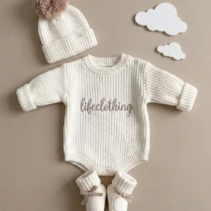 Newborn Unisex Premium Ribbed Knit Romper Set – 3-Piece Cream Winter Collection